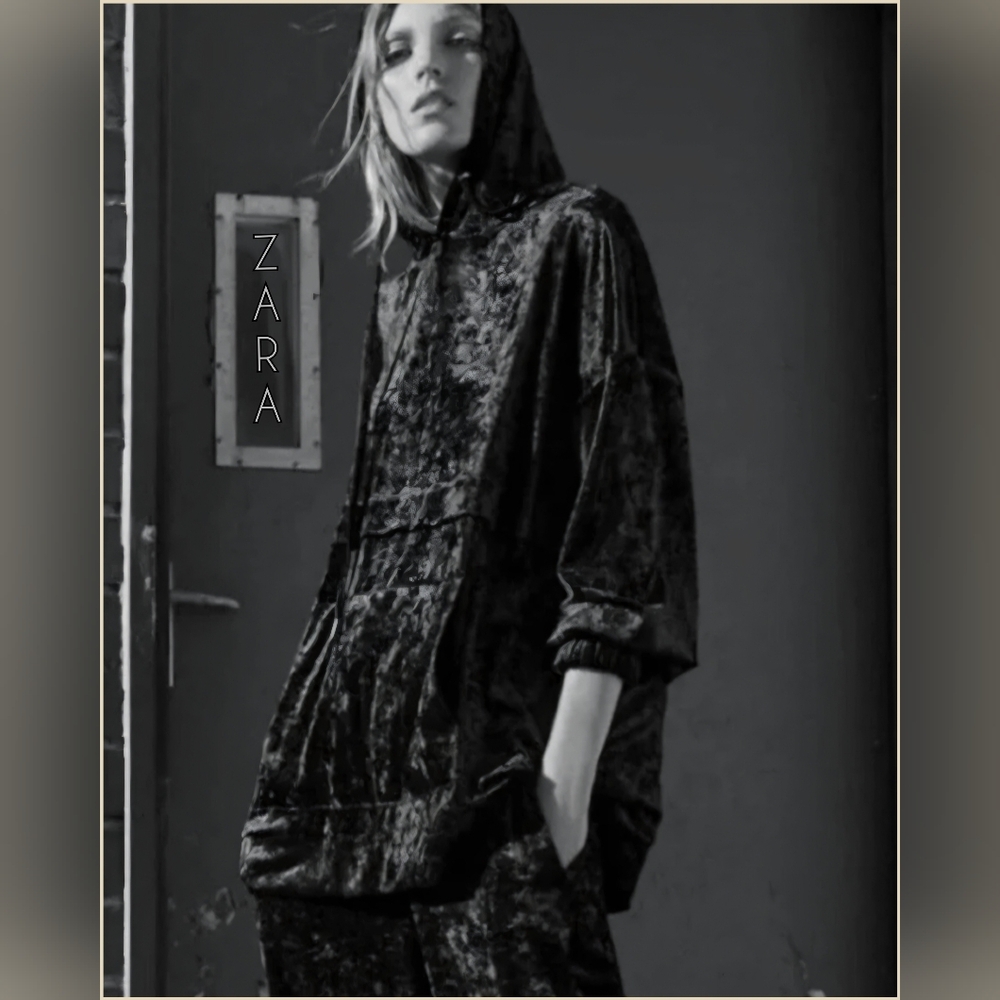 Zara Black Crushed Velvet Hooded Size Small NWT